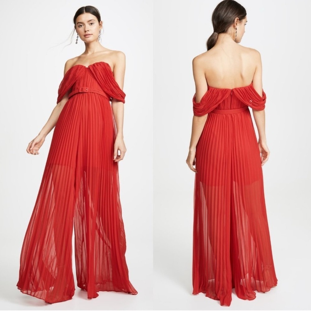 Self-Portrait Georgette Dark Red Off Shoulder Pleated Jumpsuit size 10